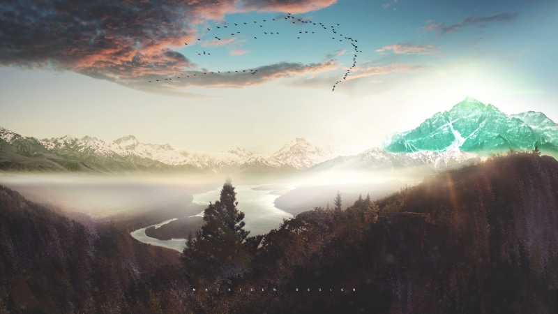dolomites, Photoshop, mountain Range, sun, rock - Object, backgrounds, mist, river, ranges, landscape, outdoors, tranquility, nature, autumn