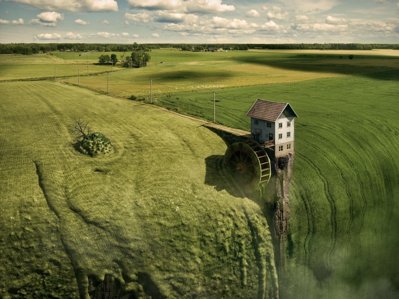 digital art, Utility Pole, Photo Manipulation, clouds, field, Surreal, Mill, landscape, nature, house, Photoshop, 1080P, Erik Johansson
