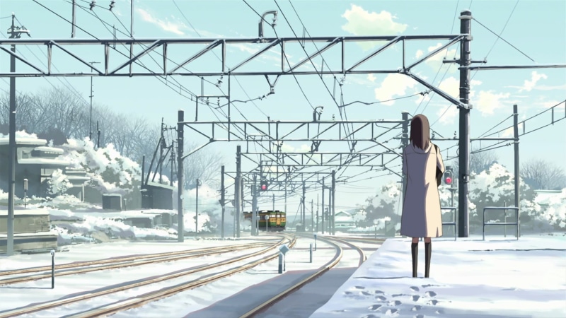 character, public transportation, rail transportation, train, 1080P, electricity, day, anime, one person, sky, illustration, winter, station, Makoto Shinkai 