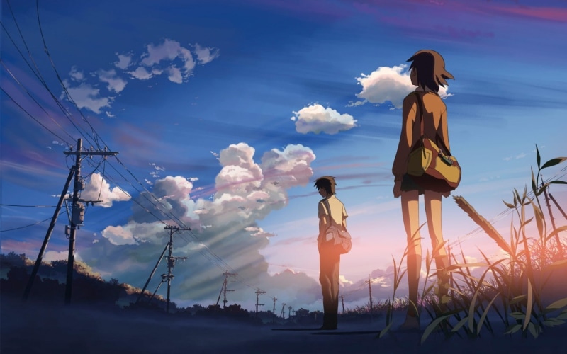 anime boys, sunlight, anime, clouds, anime girls, 5 Centimeters Per Second, nature, 720P, Makoto Shinkai, utility pole, students, power lines
