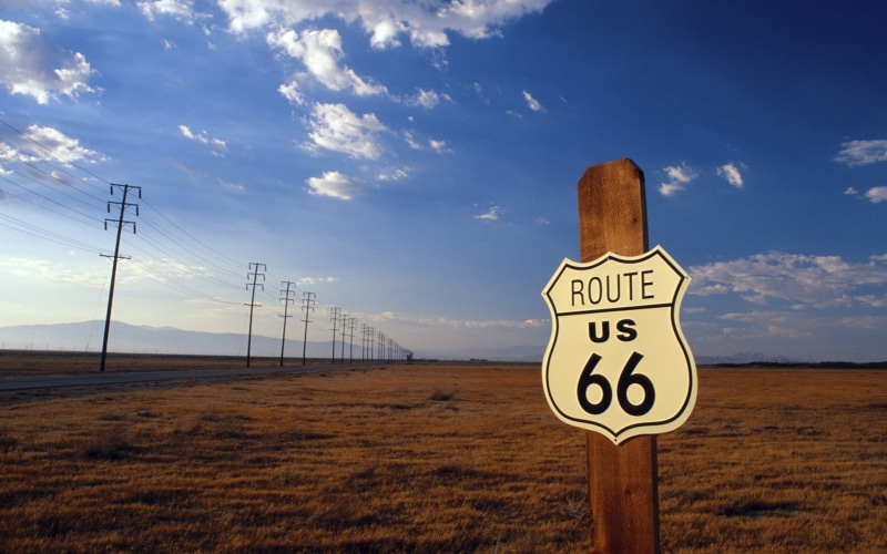 power lines, road, Route 66, clouds, USA, utility pole, field, 1080P, nature