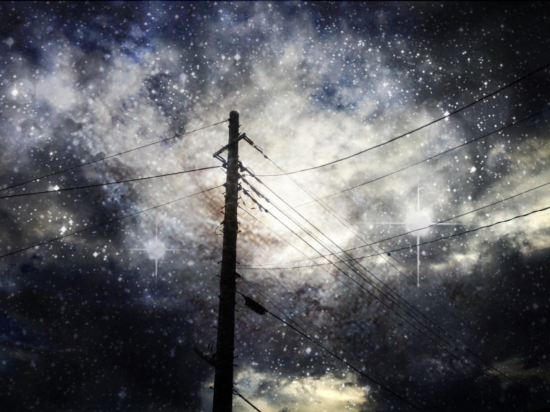 power supply, sky, snowing, low angle view, electric, power lines, post, cable, power line, technology, fuel and power generation, no people, connection