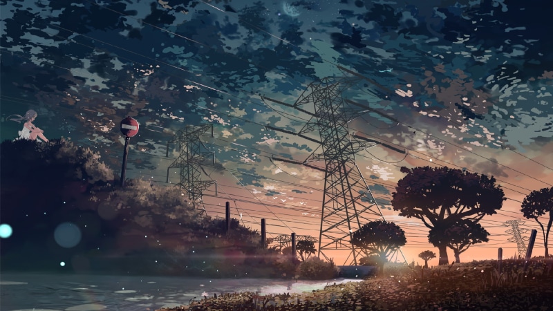 clouds, sunset, utility pole, trees, anime, artwork, power lines, 1080P