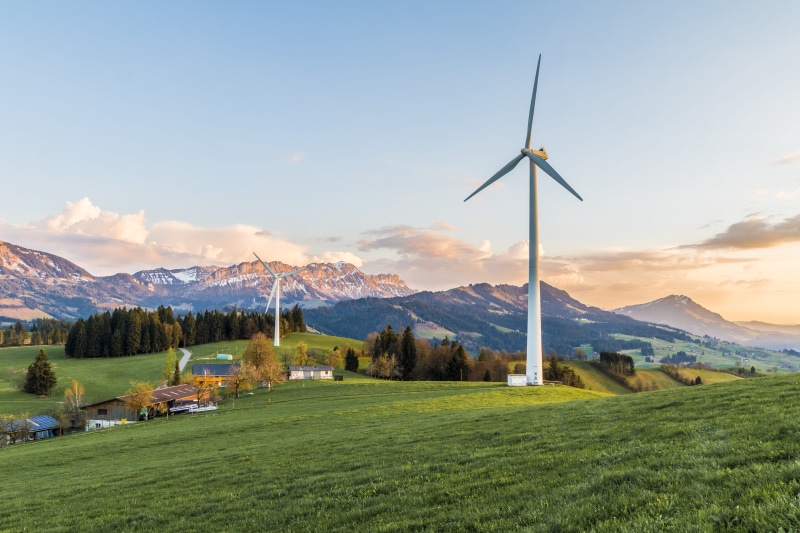 evening sky, wind park, energy, green color, bernese oberland, mountain, environmental technology, empty, ecology, pinwheel, green mountain, white, 4K
