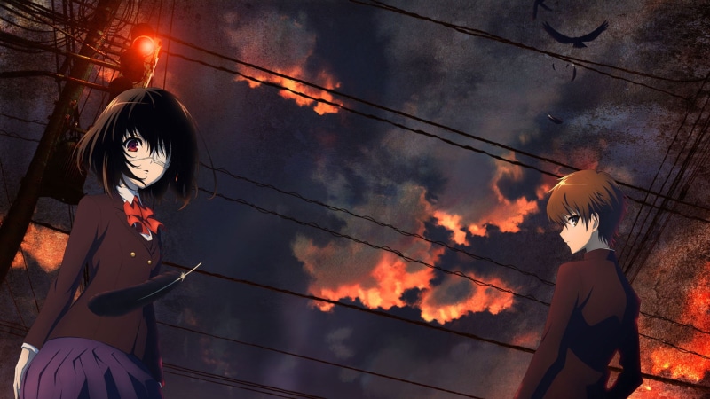 anime, cloud - sky, Another, Misaki Mei, lifestyles, women, real people, adult, architecture, dark, men, orange color, feathers, sunset, standing, leisure activity