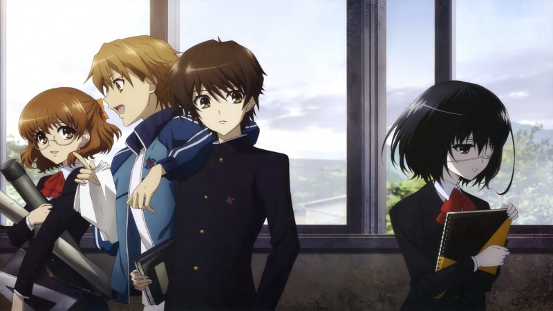 transparent, reflection, lifestyles, real people, 1080P, outdoors, glass - material, school uniform, Misaki Mei, anime, day, togetherness, boys, anime girls
