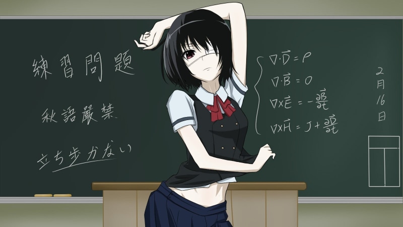 school, anime girls, board, anime, front view, student, blackboard, standing, text, education, real people, 720P, formula, indoors, one person, women