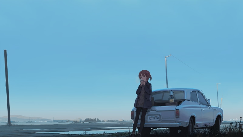 drinking, isolation, original characters, Dangerdrop, clear sky, tea, power lines, utility pole, edit, puddle, Japanese cars, Datsun, alone, 4K, anime