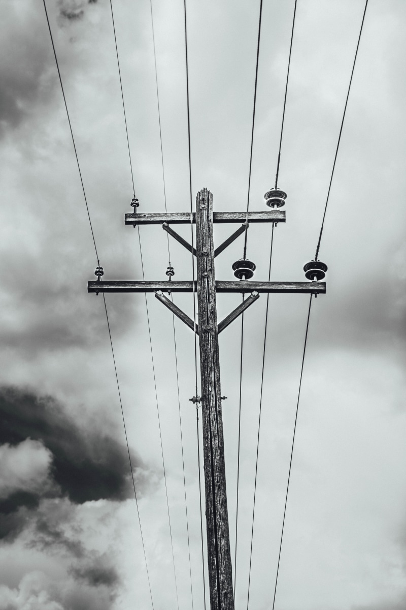 electric transmission tower, fuel and power generation, low angle view, electricity, sky, purple, day, pole, cottage, weather, 5K, overcast, outdoors