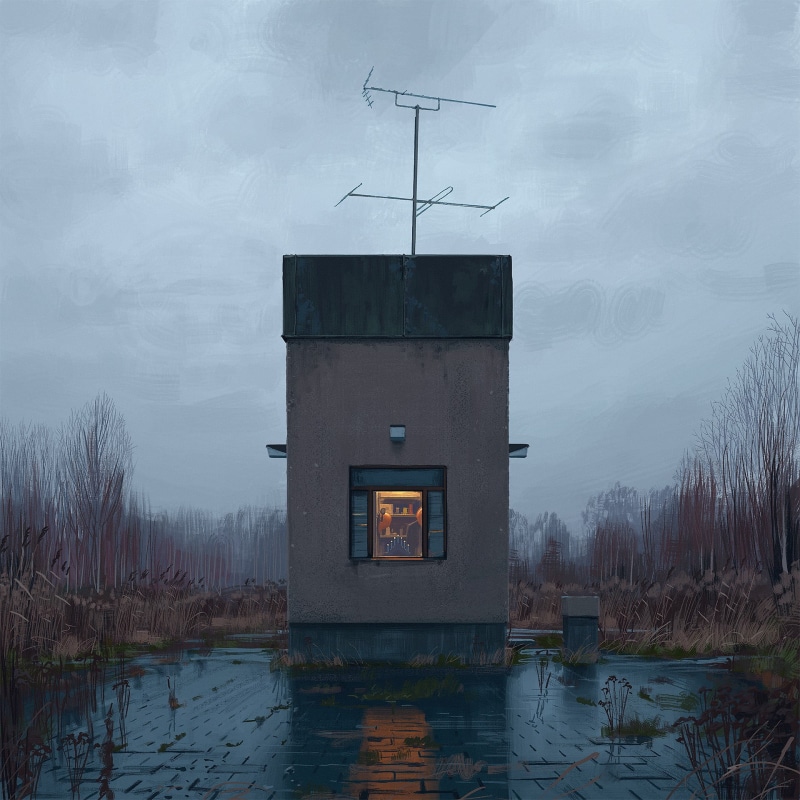 sky, waterfront, gray, cloud - sky, concrete, architecture, Simon Stålenhag, black, day, outdoors, nature, plant, reflection, lake, built structure, artwork