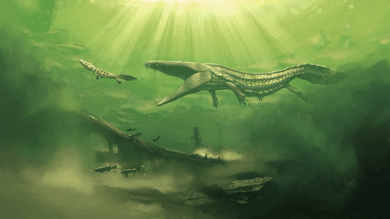 animal, underwater, artwork, age, sunlight, dinosaur, outdoors, nature, animals in the wild, vertebrate, 1080P, Simon Stålenhag, waterfront, marine, day