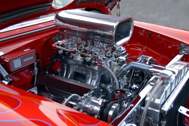 red, shiny, land vehicle, mechanical, motor vehicle, opened, motor, outdoors, engine, close-up, clean, power, retro, silver colored, metal, car engine