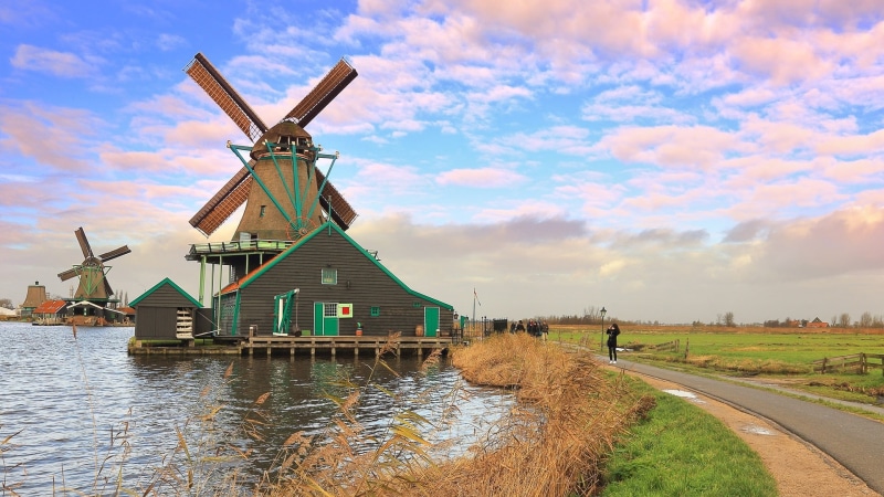 brown, Sky, Clouds, River, Netherlands, Windmill, 1080P