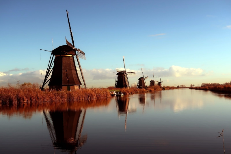 waterfront, wind mill, traditional windmill, nature, 2K, environment, lake, alternative energy, holland, mill blades, water, mills, sky, wind power, no people