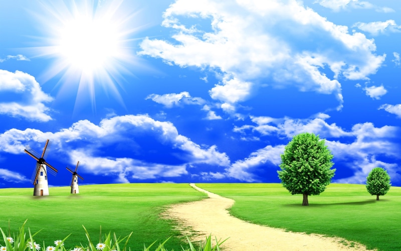 field, Grass, near, 2K, cloudy, Sky, mill, white, Windmills, Blue, World, Road, green, Trees, Dream, wind, daytime, Clouds