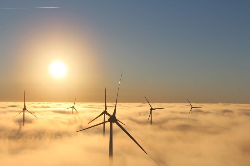 clouds, aerial view, alternative energy, sustainable resources, wind farm, no people, field, 1080P, wind power, wind turbine, sunlight, environment, environmental conservation