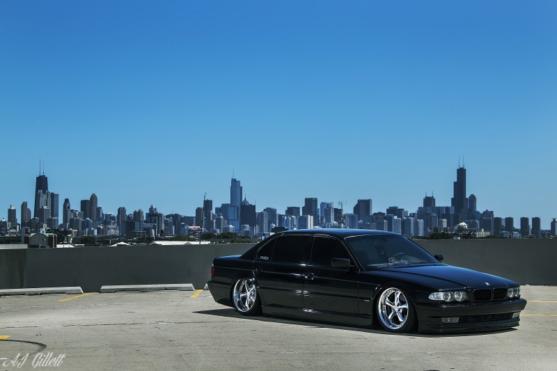 landscape, motor vehicle, Boomer, sky, E38, tuning, Stance, cityscape, sedan, luxury, BMW, office building exterior, transportation, building, skyscraper