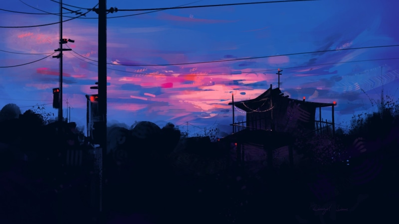 power lines, traffic lights, dawn, 1080P, shack, BisBiswas, artwork