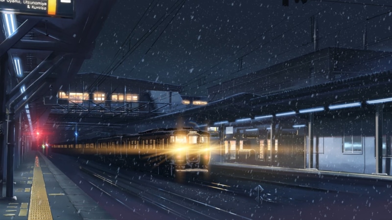 train, built structure, transportation, travel, outdoors, illuminated, 1080P, nature, railroad station, anime, train station, night, motion, public transportation
