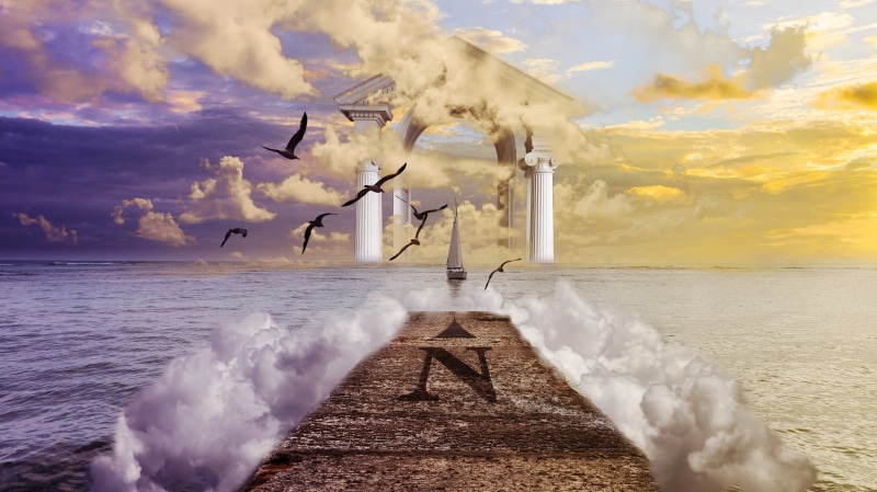2K, wave, motion, design, temple, sky, digital composite, decorative, animals in the wild, splashing, flying, vertebrate, seagull, no people, bird, heaven