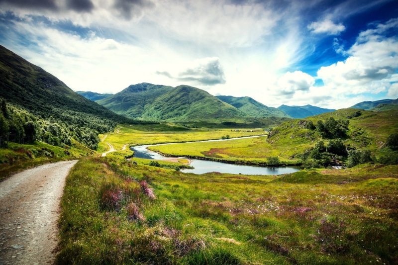 great, UK, trees, Nature, greenery, Great Britain, landscape, clouds, britain, 1080P, United Kingdom, roads, grass, lakes, Scotland, mountains