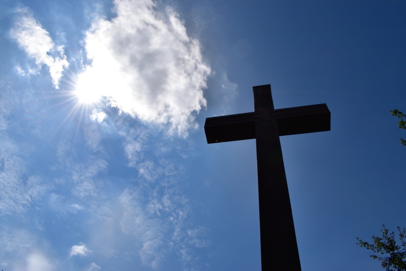 sky, cross, resurrection, religious equipment, nature, sunbeam, blue, low angle view, day, sunlight, no people, sun, cross shape, forgiveness, 4K, outdoors