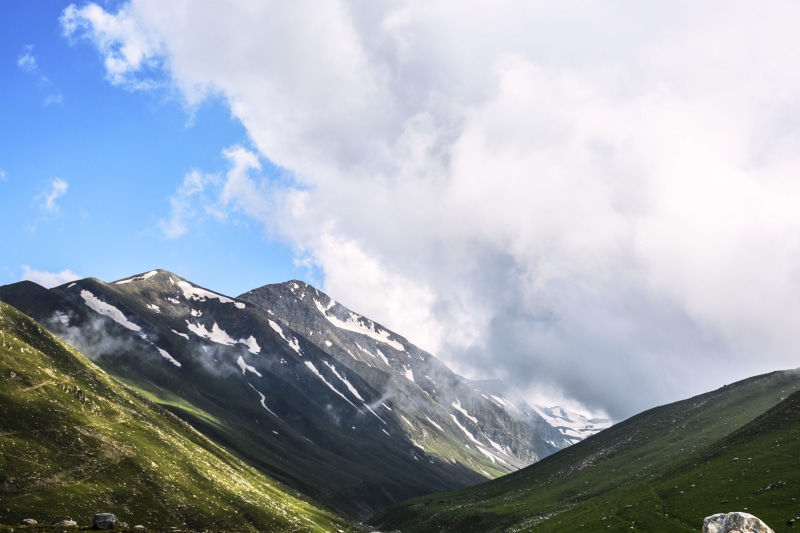 srinagar, scenics - nature, no people, kashmir, tranquil scene, heaven, green, day, rocks, clouds, snow, landscape, sky, outdoors, mountain peak, skyline
