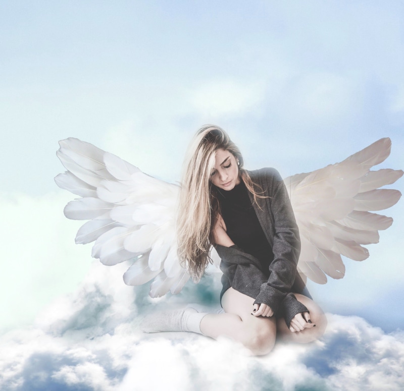 day, blonde, depressed, wistful, holy, digital composite, mid-air, sky clouds, blue, clouds, celestial, young women, women, angels, angelic, hair, wing
