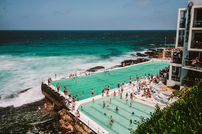 land, water, people, swimming, hotel, beach, vacation, crowd, leisure, resort, sea, gathering, near, high angle view, swimming pool, Bondi Beach, group of people