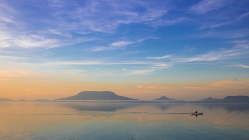 reflection, island, badacsony, mountain, board, sunset, lake balaton, near, silhouette, tranquility, outdoors, sea, heaven, waterfront, mountain range