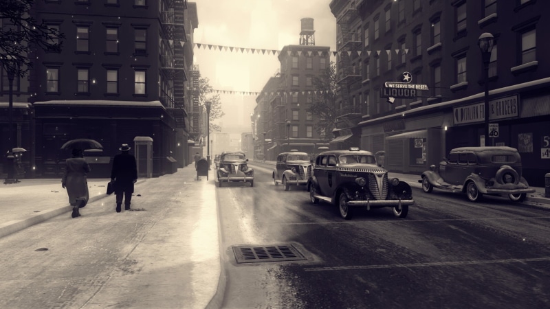 1080P, Classic Car, street, monochrome, Phone Box, umbrella, car, city, taxi, path, vintage, video games, People, building, rain, snow, Mafia II