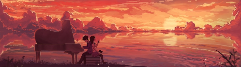 piano, land, playing, outdoors, illustration, landscape, men, silhouette, nature, beauty in nature, travel, man, sunset, 4K, anime, red, cloud - sky, panoramic