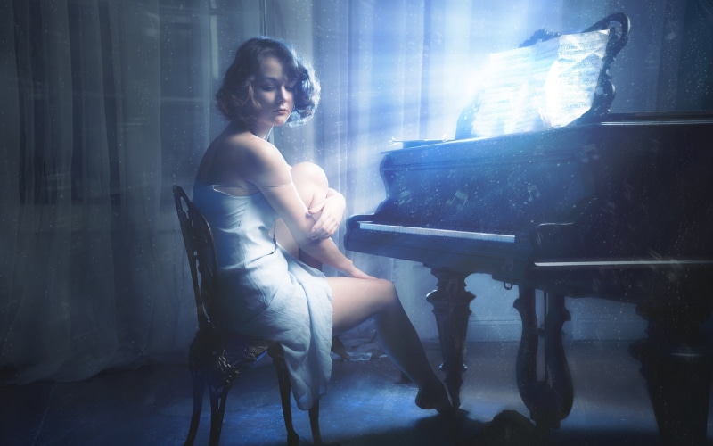 Girl, Notes, Music, 2K, Glow, Piano