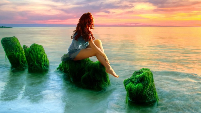 water, pretty, ocean, 1080P, skyphoenixx1, stones, woman, nice, picture, daydreamer, fantastic, rocks, dreamer