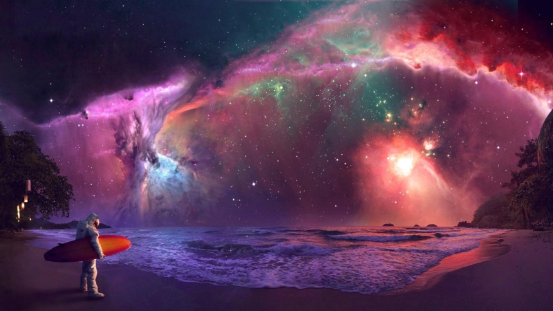 picture, skyphoenixx1, colorful, palms, astronaut, surfing, ocean, 1080P, beautiful, nebula, nice, waves, beach, fantastic