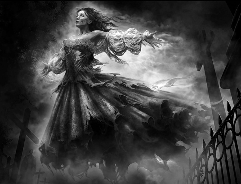 graveyard, halloween, clouds, mist, ghost, ghosts, crosses, 1080P, fence, cemetery, roam, woman