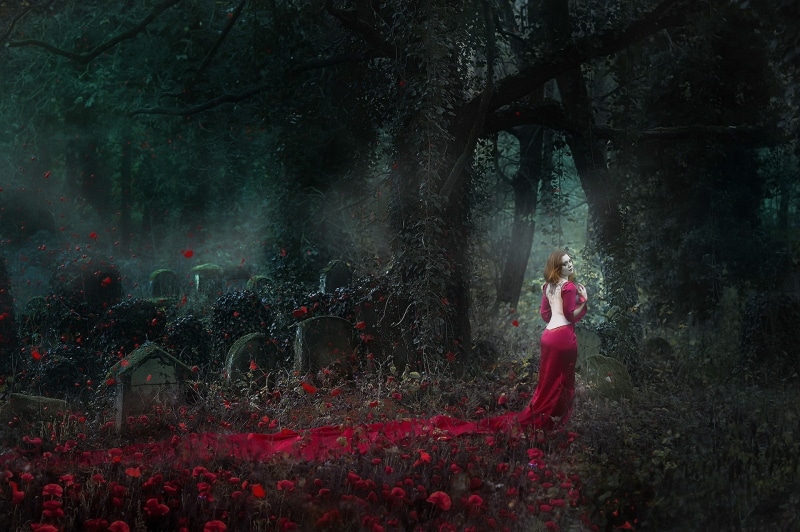 flowers, 1080P, women, tombstones, fantasy art, dress