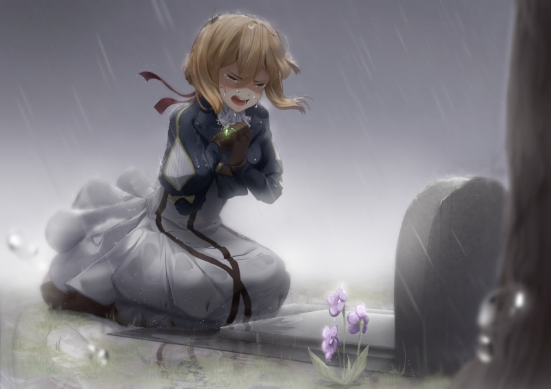 Tombstone, Girl, 1080P, Violet Evergarden, Rain, Violet Evergarden (Character), Blonde, Anime, Crying