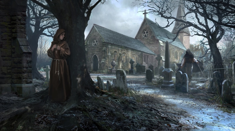 outdoors, plant, tree, wearing, abandoned, monks, ghost, 4K, architecture, religion, no people, woman, spooky, tombstone, fantasy art, building, Rhys Griffiths