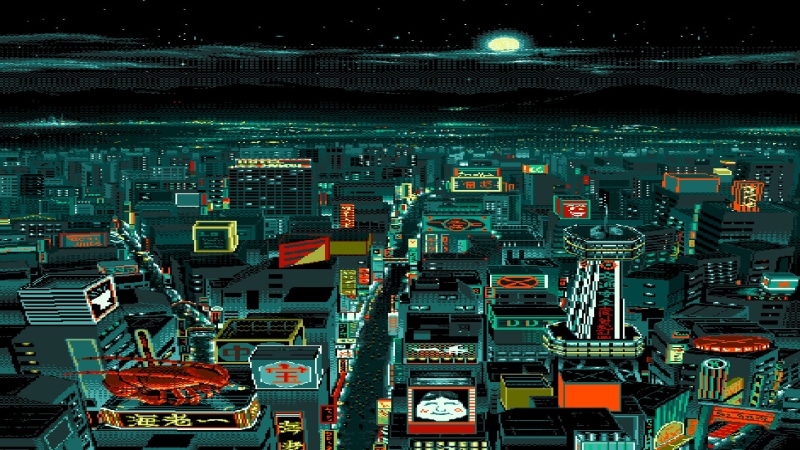 lobsters, building, Moon, pixelated, pixels, Japanese characters, pixel art, digital art, stars, cityscape, 1080P, night