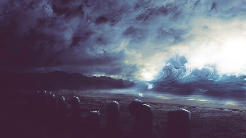 ocean, tombstones, drawing, cemetery, digital/artwork, 1080P, hd