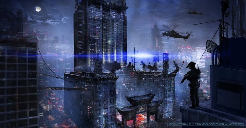 skyscraper, men, 720P, city, illuminated, working, cityscape, helicopters, window, fantasy art, Francis Goeltner, game, dark, futuristic, application