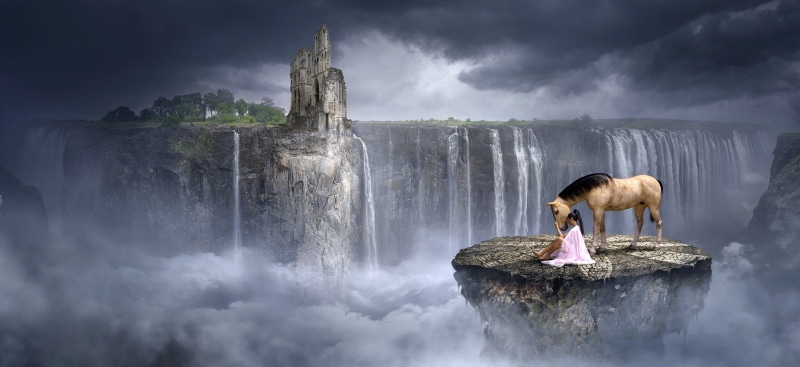 horse, atmospheric, adult, magic, women, 5K, waterfall, females, one person, outdoors, spirituality, fantastic, landscape, water, sky, ruin, mystical