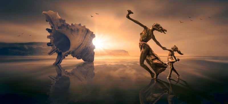 mysterious, tranquility, dramatic sky, sunlight, sky, coast, representation, tranquil scene, sun, dream, digital composite, no people, beach, water, mystical