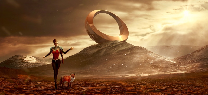 fairy tales, surreal, full length, clouds, composing, magic, monument, mood, adult, photomontage, ring, mountain, mysterious, girl, magical, land, light