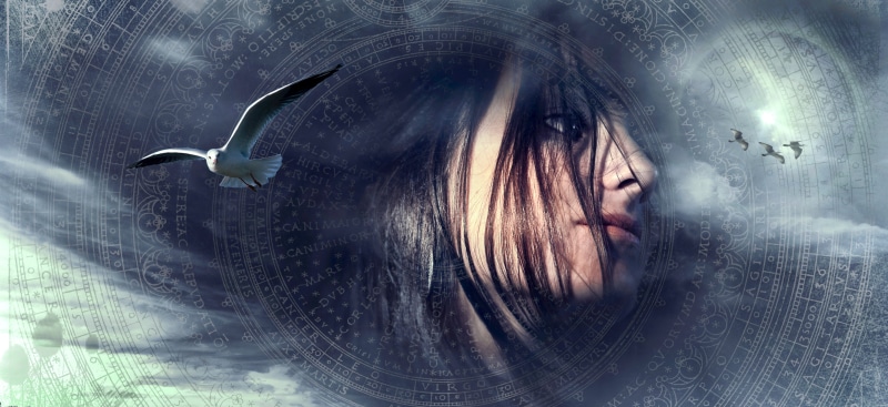 surreal, headshot, portrait, glass - material, mystical, digital composite, vertebrate, woman, sky, clouds, mysterious, females, lighting, hairstyle, emotion