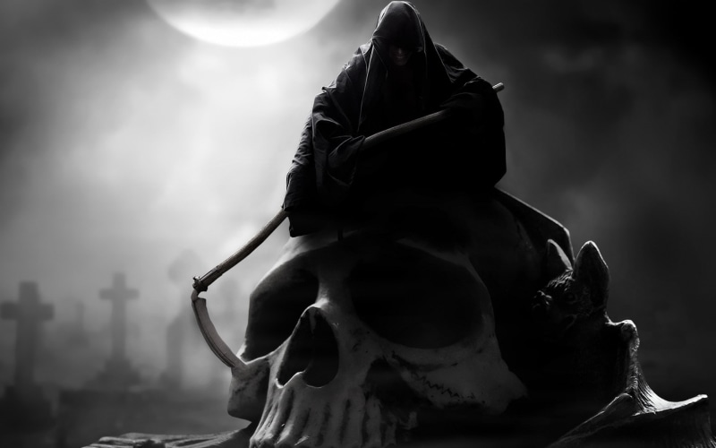 creature, digital art, 1080P, skull, Grim Reaper, death, drawing, cross, scythe, grave, artwork, smiling