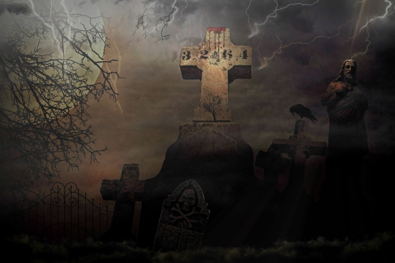 stone, composing, moonlight, mystical, the past, grave, sculpture, graves, lichtspiel, nature, fantasy, tree, belief, cemetery, grave stones, flashes, cross
