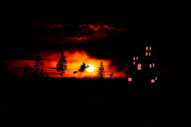 silhoutte, abendstimmung, building, golden, tree, sky, illuminated, 1080P, nature, the witch, creepy, atmosphere, plant, broom, photography, hour, gloomy
