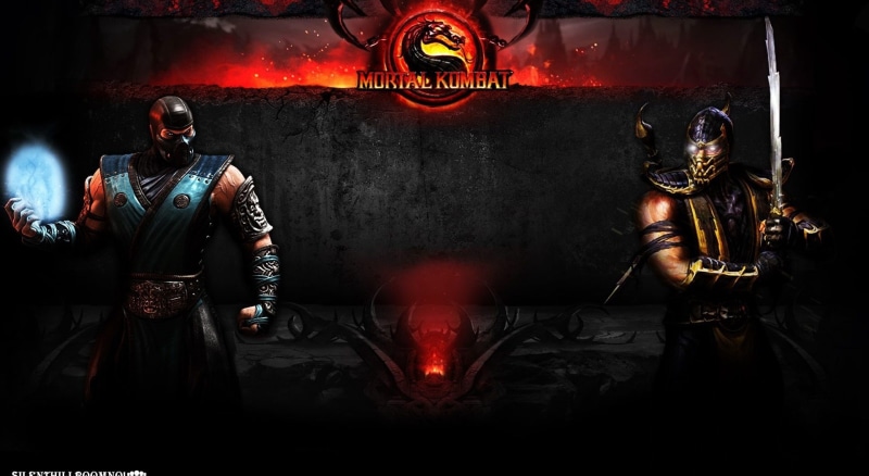 Mortal Kombat, v, art and craft, creativity, two people, digital composite, men, technology, indoors, adult, people, scorpion, sub, dark, illuminated, kombat